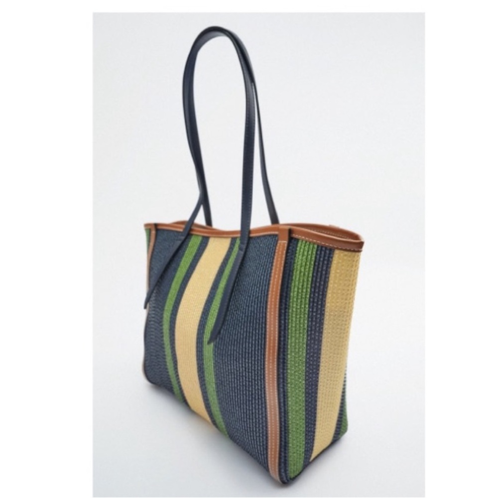 Zara Striped Tote in Navy, Green, Yellow & Brown